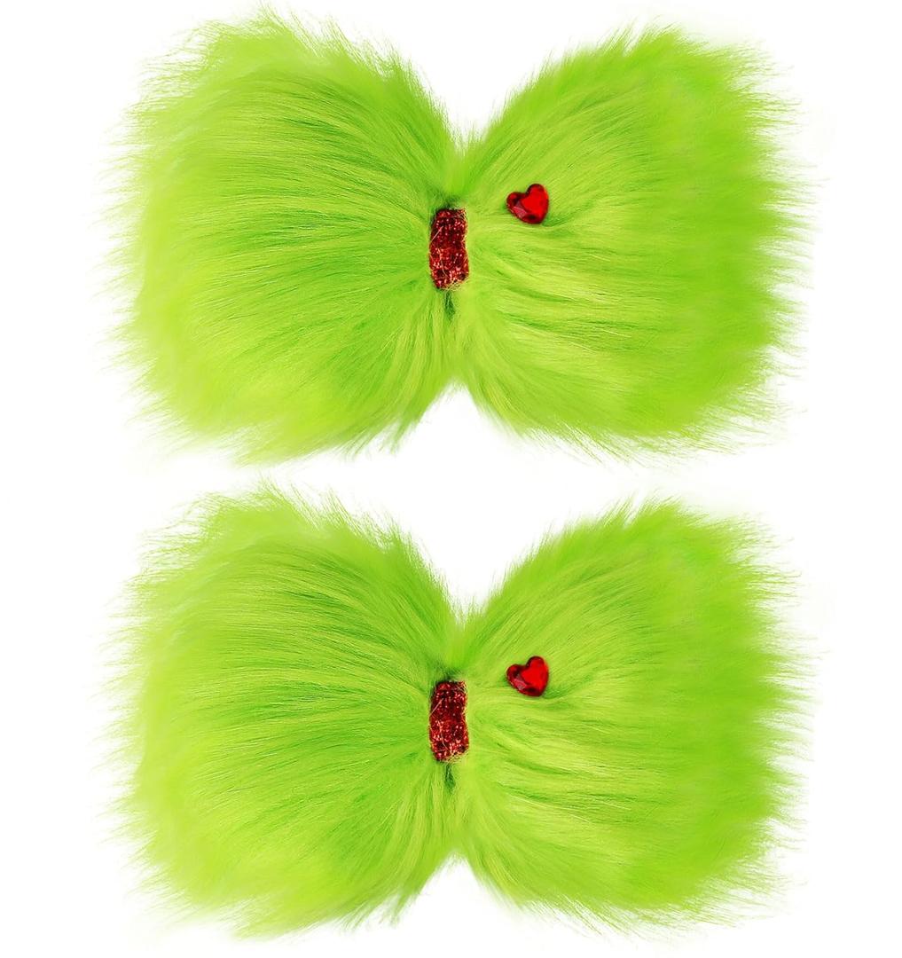 Vloso 2 Pcs Christmas Hair Bow for Girls,6 Inch Green Furry Hair Bow Clips with Red Heart,Christmas Decorations Costume Accessories Women Girls
