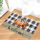 Fall Front Door Mat Indoor Entrance, Thanksgiving Welcome Orange Pumpkin Non Slip Doormat Absorbent Resist Dirt Floor Mats Washable Low Profile Sunflower Plaid Inside Rugs for Entryway, 16''x24''