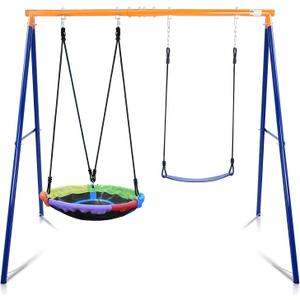 Lunafun Swing Sets for Backyard, 440lbs Swing Set with Heavy-Duty A-Frame Metal Stand, 1 Saucer Swing Seat & 1 Belt Swings Seat