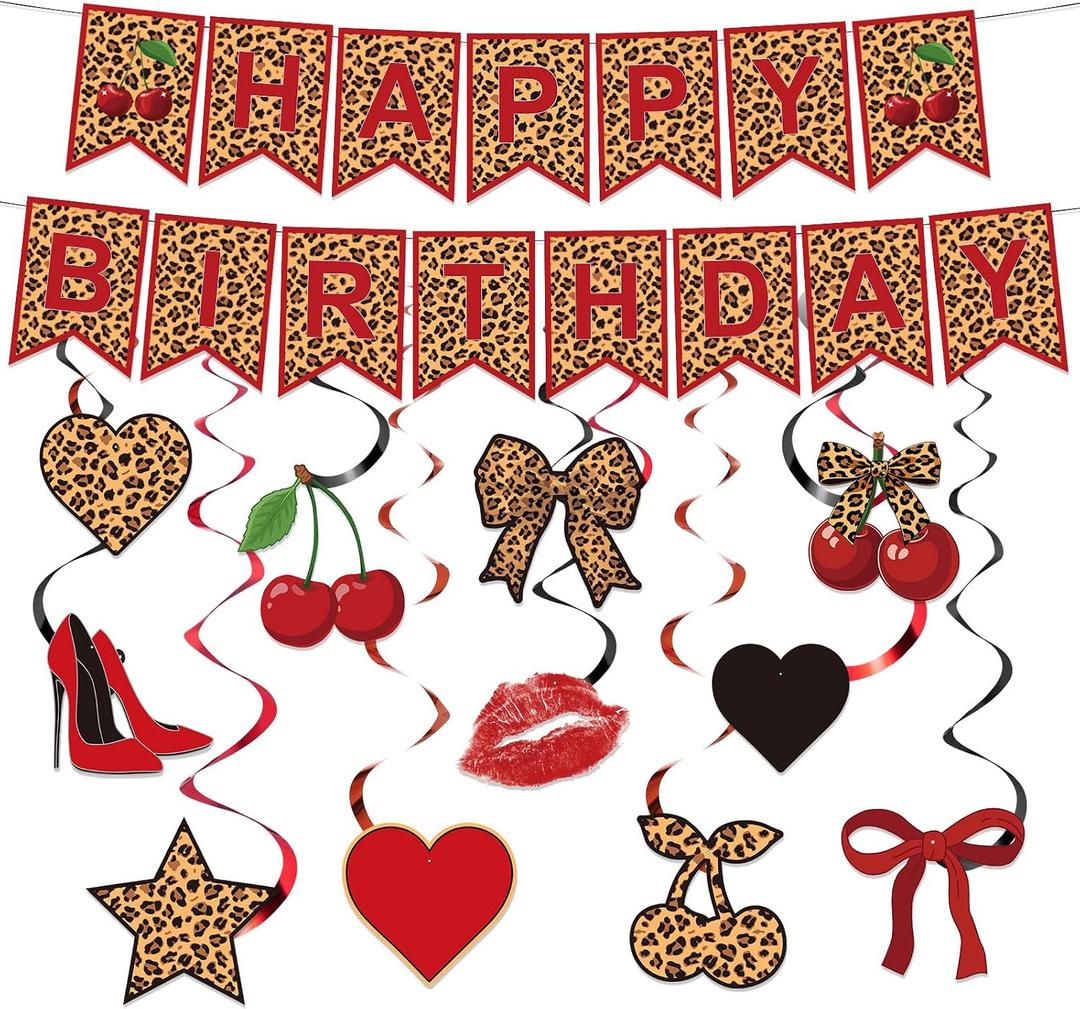 Pasimy Cheetah and Cherry Birthday Party Decorations Red and Black Leopard Print Birthday Banner and Cheetah Print Hanging Swirls Backdrop Decor for Women Girls Gone Wild Party Decorations Supplies