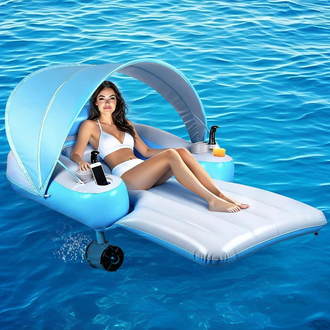 Motorized Pool Float with Canopy, Rechargeable Dual Motors Heavy Duty Pool Lounger with 2 with Dual Motors, Pool Raft Holds up to 300 lbs for Pool Party, Lake & Summer Water, 66x43x19"