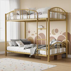 GarveeHome Metal Bunk Bed Twin Over Twin, Heavy Duty Bunkbeds Frame with Arched Guardrail and Safety Ladder, Sturdy Steel Bed for Kids Boys Girls, Space-Saving, No Box Spring Needed, Gold
