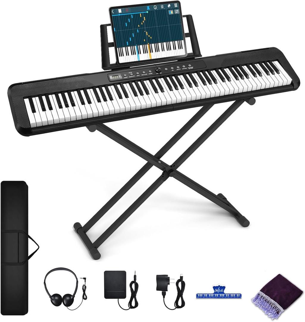 88 Key Keyboard Piano, Semi Weighted Electronic Digital Piano with Music Stand, Power Supply, Sustain Pedal, Stand, Bluetooth, Carrying Case, Headphones, USB-MIDI, Piano Lessons for Beginners