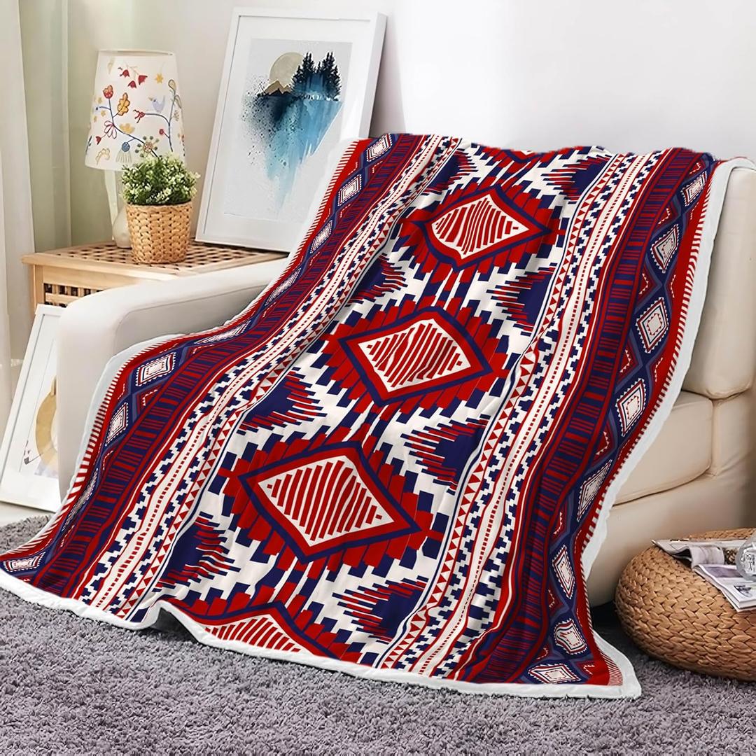 Tribal Stripes Throw Blanket, Southwest Aztec Red Abstract Geometry Blankets, Vintage Exotic Indian Boho Western Cozy Lightweight Warm Throw Blanket for Couch Sofa Bed Beach Travel 50x60IN