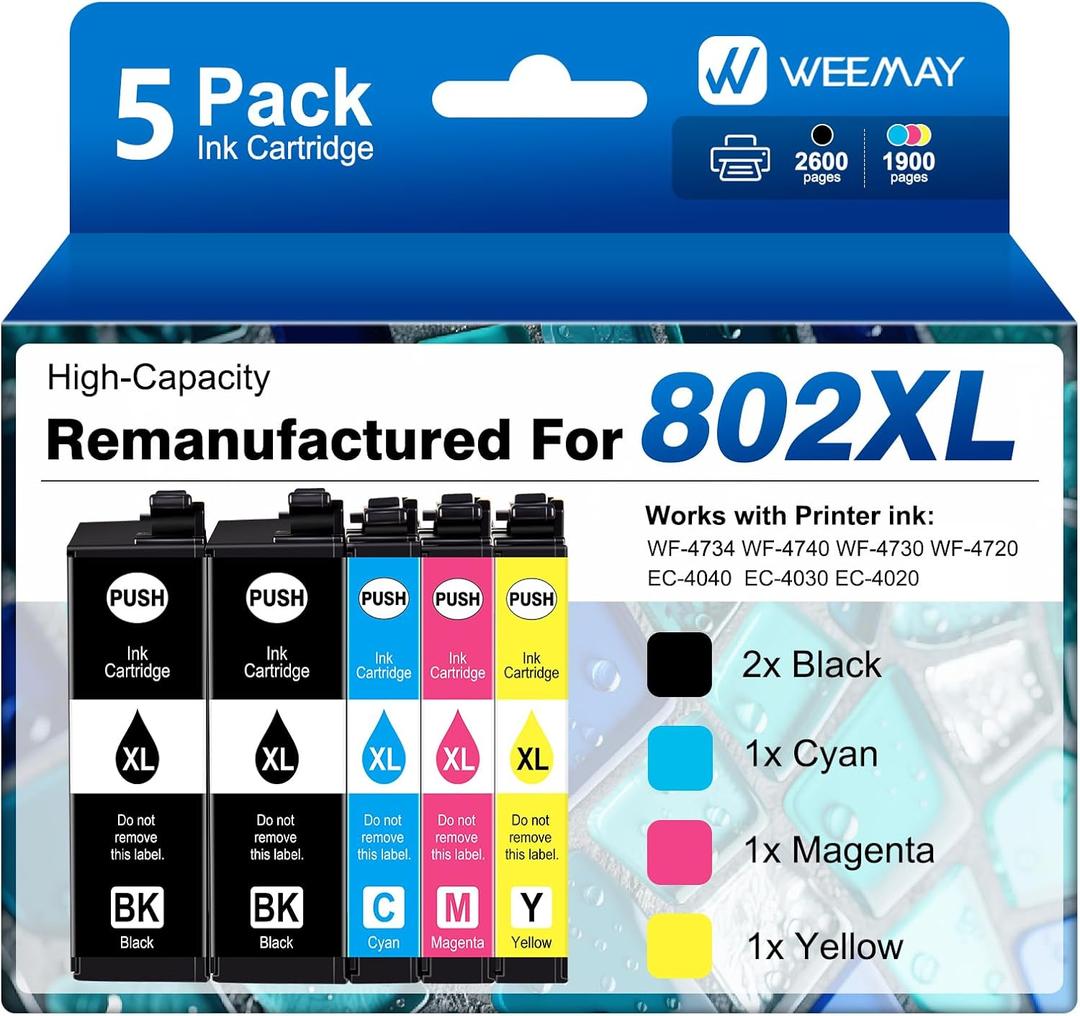 Weemay Remanufactured Replacement for Epson 802XL Ink Cartridges for Epson Printer Works with Workforce Pro WF-4734 WF-4740 WF-4730 WF-4720 EC-4020 EC-4030 (2 Black, 1 Cyan, 1 Mangenta, 1 Yellow)