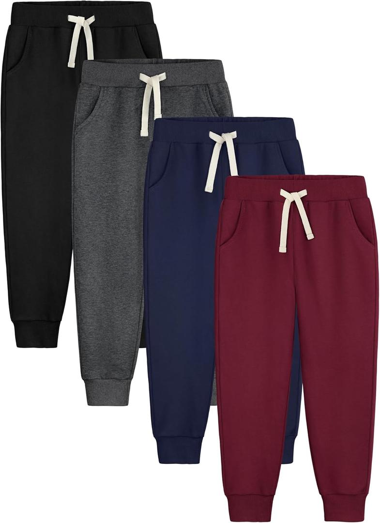 4 Pack Boys Sweatpants Joggers Cotton Athletic Sweatpants Youth Joggers Pants with Pocket Drawstring (X-Small, Black,maroon, Dark Gray, Navy)
