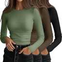 Ficerd 3 Pack Women's Ribbed Long Sleeve Tops, Crew Neck Slim Fit Undershirts Knit Basic Casual Stretch Layering Tee Shirts size L