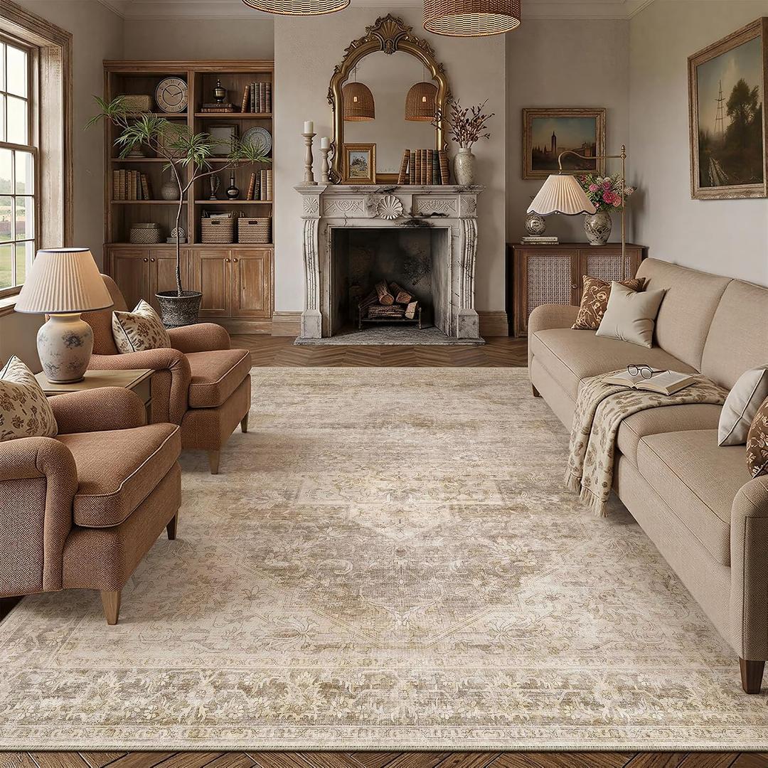 8x10 Beige Farmhouse Area Rug Washable, Non Slip, Soft Low Pile, Neutral Vintage, Large, for Living Room Bedroom Dining Room Office Indoor Home Decor