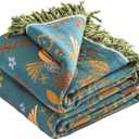 Boho Throw Blanket, 100% Organic Cotton Breathable Ultra Soft 50" x 60" Bed Quilt Throw - Floral Rustic Bird Farmhouse Decor Luxury Reversible Blanket for Sofa Couch Chair and Gift,Teal/Beige