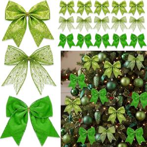 Knitgrip 36 Pcs Christmas Bows with Twist Ties 6 Inch Velvet Mesh Ribbon Wreath Glitter Bows for Holidays Wreath Christmas Tree Railings Farmhouse Decoration DIY Craft Gift (Green)