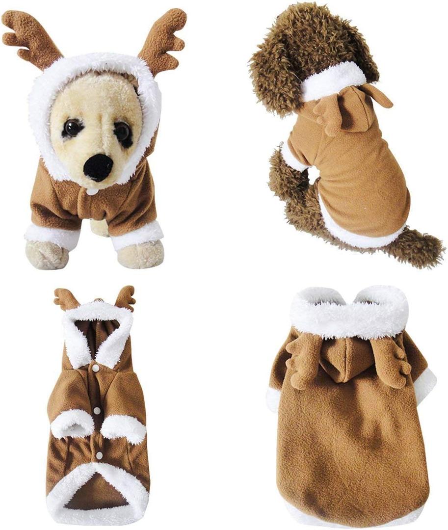 Mogoko Dog Cat Christmas Reindeer Costume, Funny Pet Elk Cosplay Dress, Puppy Fleece Outfits Warm Hoodie Xmas Apparel Clothes (S Size) (9.4"Neck Girth, 13.0"Chest)