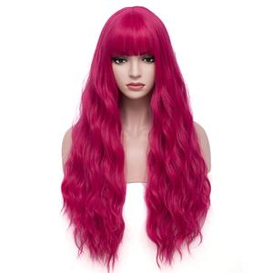 BERON 27 Inches Dark Pink Wig with Bangs Hot Pink Wig for Women Fluffy Wavy Heat Resistant Synthetic Wig (Hot Pink)