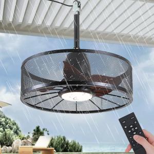 Outdoor Ceiling Fans with Lights - Waterproof Caged Ceiling Fan with 3CCT Reversible 6 Speeds (Plug In Fan), 20" Low Profile Hang with Hook Ceiling Fan LED Light for Patios, Gazebo, Mesh