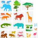 Fingerinspire 16PCS African Animals Stencil Trees Grass Plants Drawing Template Orangutan Giraffe Elephant Lion Crocodile Rhino Deer Orangutan Cow Bird Eagle Leopard Silhouette Animal Theme Template
