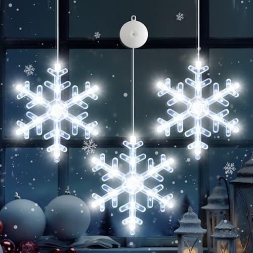 12 Pack Christmas Window Lights Decorations with Timer, Battery Powered Christmas Hanging White Lighted Snowflake Shaped LED Sucker for Xmas Lamp Tree Fireplace Indoor Decor