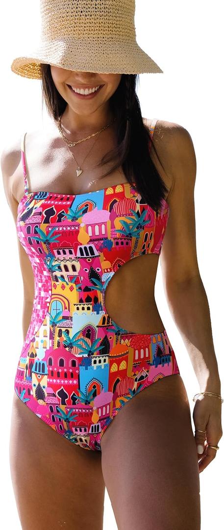 SPORLIKE Women One Piece Swimsuit Hole Out Bathing Suit Color Block Padded Swimwear(Castle/Geometry,X-Large)