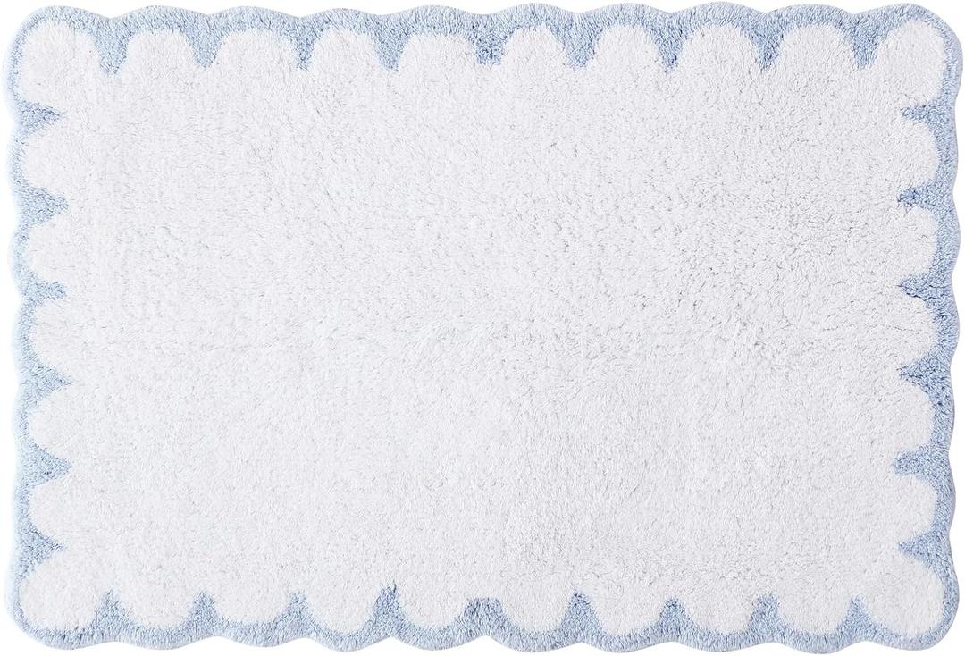 Peri Home Scalloped Bath Rug - Soft & Absorbent 100% Cotton Tufted Bath Mat, 20" x 30", White with Blue Scallop
