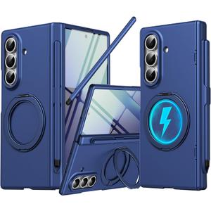 for Samsung Galaxy Z Fold 7 Case with S Pen Holder & Stylus, 360 Rotating Magnetic Ring Stand Compatible Magsafe Screen Protector Hinge Cover Full Coverage Protective Case for Z Fold 7 Blue