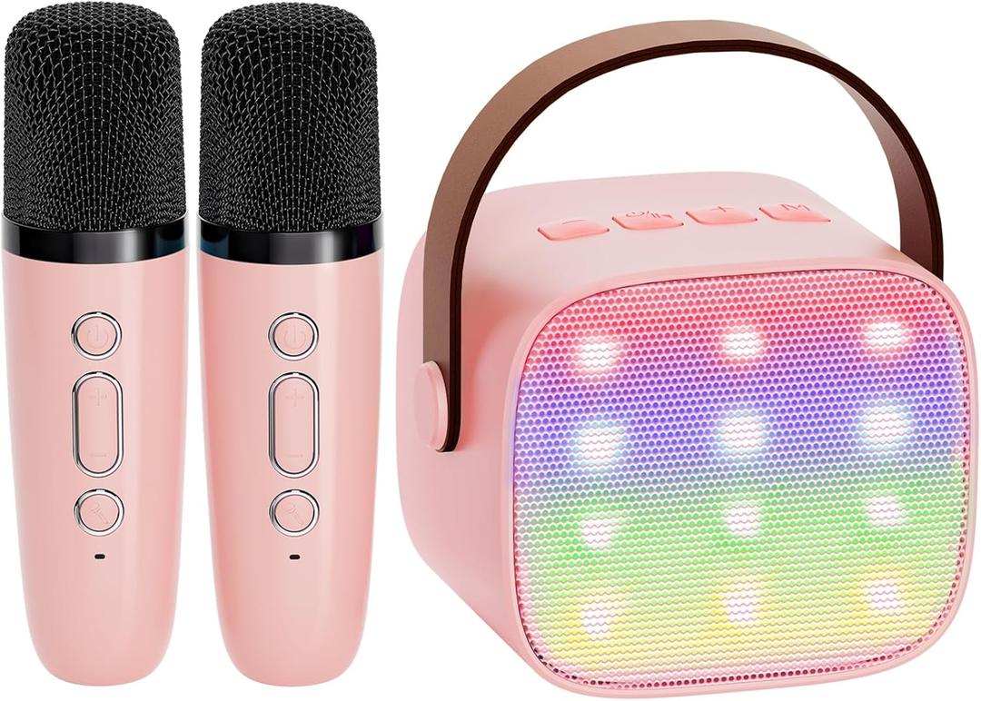 YLL Mini Karaoke Machine for Kids Adults, Portable Bluetooth Speaker with 2 Wireless Microphones, TOP Birthday Gifts Toys for Girls Ages 3, 4, 5, 6, 7, 8, 9,10,11,12+ Years Old Toddler (Lightpink) (P-ink 2 Mic)