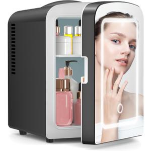 Xbeauty Skincare Mini Fridge With Dimmable LED Mirror, 4L Mini Refrigerator for SkinCare, Cosmetics, Food & Drinks, Portable Small Refrigerator for Bedroom, Dorm, Car, Office, Black