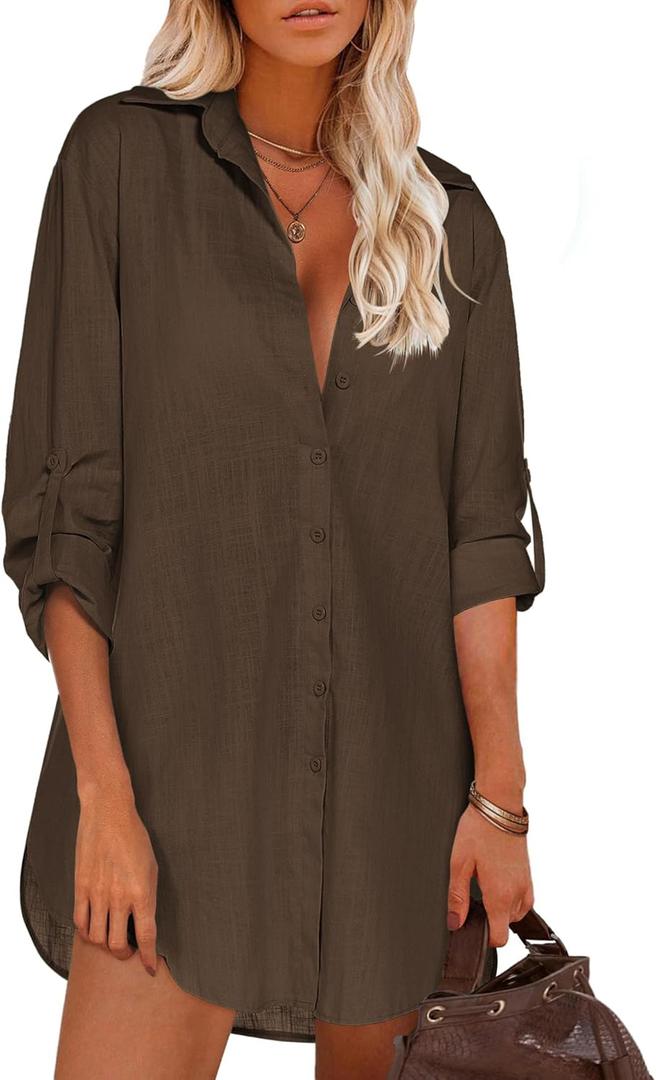 HOTOUCH Women Boyfriend Shirts Button Down Long Sleeve Blouse Cuffed Sleeve Collared Shirt (Large, Brown)