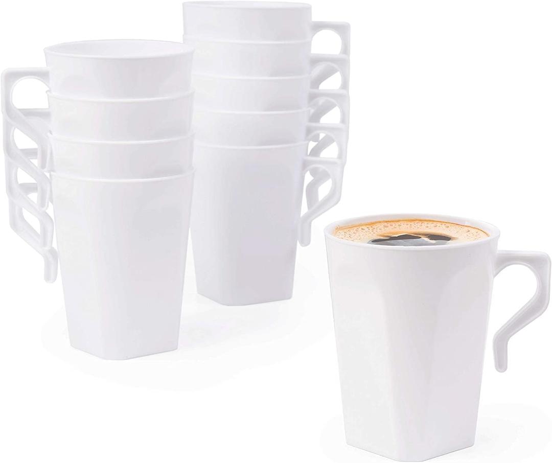 MATANA 50 Pack 9 Oz Plastic Coffee Cups with Handles (White) Disposable Tea Cups with Handles, Plastic Tea Cups for Tea Party & Wedding Cafe, Reusable Disposable Mugs for Hot Drinks & Cold Drinks