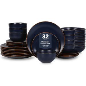 Stone Lain Brasa Modern Stoneware 32 Piece Dinnerware Sets, Plates and bowls Sets, Dish Set for 8, Blue