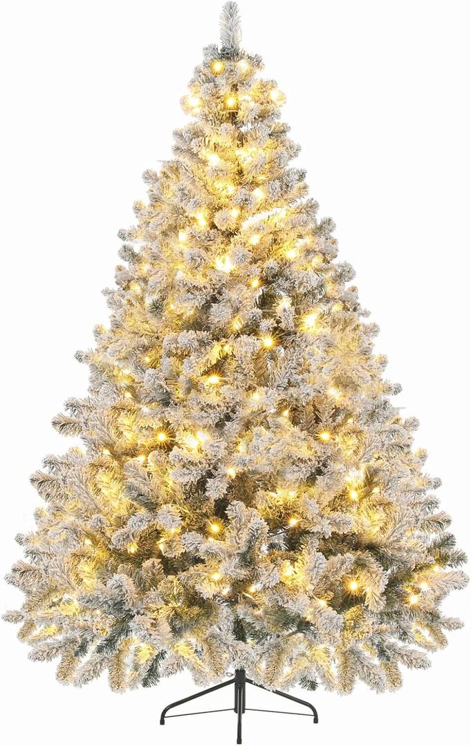 Artificial Christmas Tree, 4.5Ft Fake Christmas Trees with Lights, Snow Flocked Pencil Spruce Xmas Tree Foldable Stand Hinged for Home, Party, Office Decoration