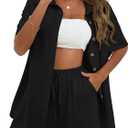 SeekMe Linen Short Sets for Women Short Sleeve Top Shorts 2 Piece Summer Beach Vacation Outfits Lounge Tracksuits (Small, Black)