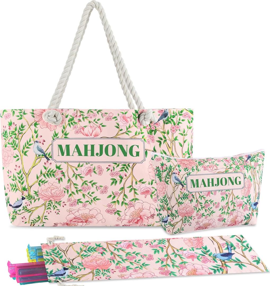 Empty Mahjong Bags Set for Tiles and Racks 24x13x4.7 Inch American Mahjong Carrying Bag Tote Tiles Bag Drawstring Protective Sleeve for Rack Pusher Party Travel, Case Only(Chinoiserie)
