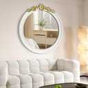 White Round Wood Mirror 28 Inch, Large Rustic Boho Coastal Wall Decor with White Wood Frame and Gold Metal Carved Accents, Farmhouse Decorative Mirror for Entryway, Bedroom, Living Room, Bathroom