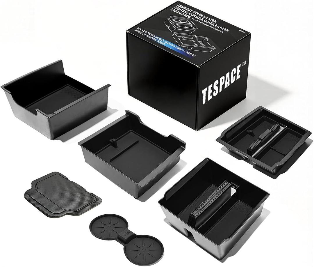 4-Piece Dual-Layer Center Console & Armrest Storage Box for 2024-2026 Tesla Model 3 Highland / 2025-2026 Model Y Juniper, Sliding/Lift-Up, Premium ABS, Tool-Free
