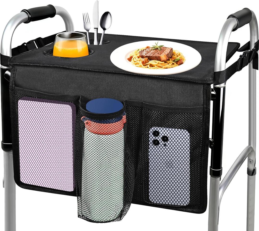 Walker Tray for Folding Walker, Premium Tray for Walker for Seniors with Cup Holder, Walker Trays for Rolling Folding Walker, Walker Accessories for Seniors (Black)