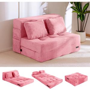 MAXYOYO Convertible Sofa Bed, Fold Out Sleeper Sofa with Pillow, 4 in 1 Tufted Folding Couch Bed Foam Floor Couch, Lazy Chair for Living Room Bedroom Guest Room, Pink, Full