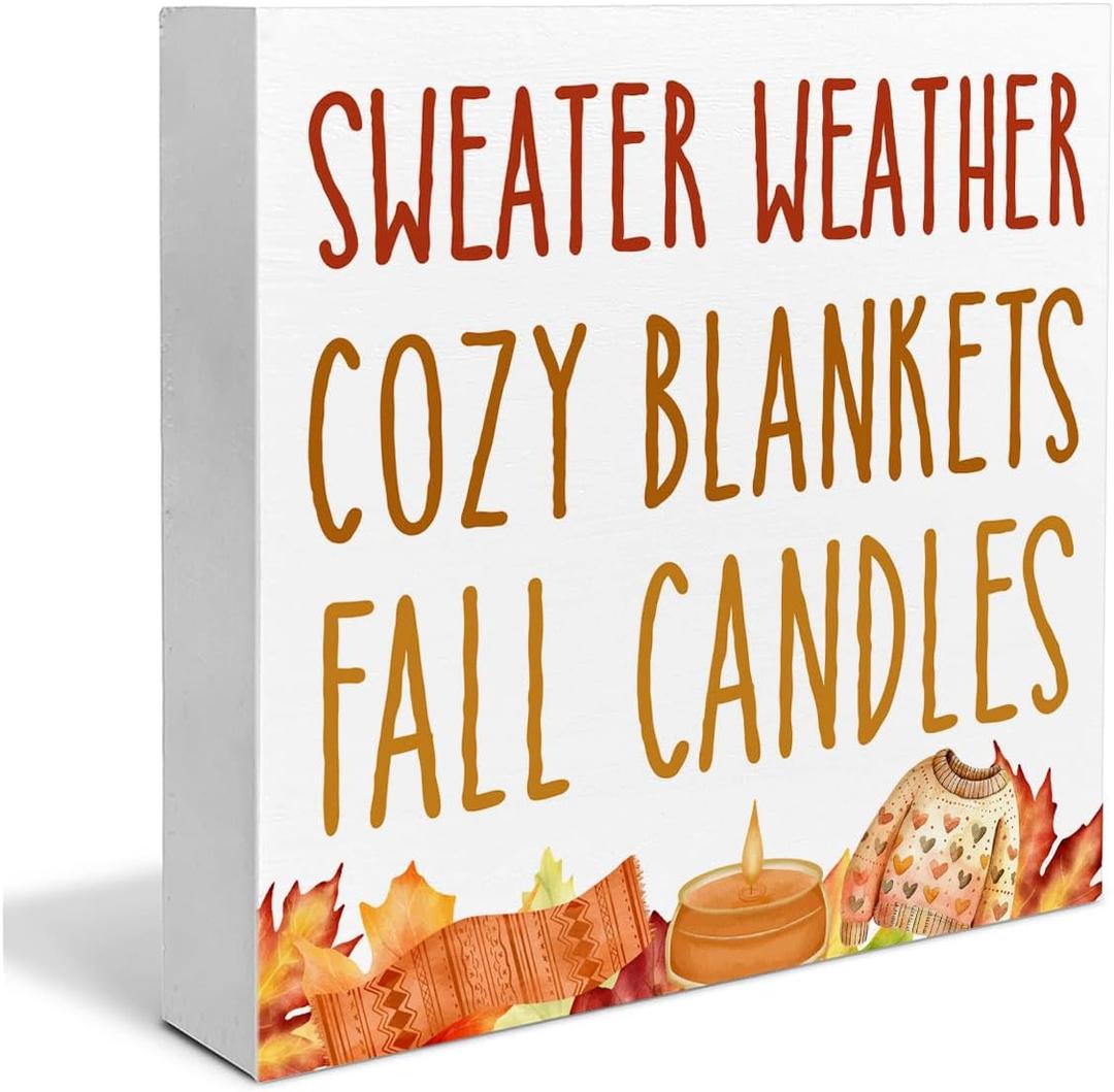 2 x Fall Home Decor, Autumn Wooden Sign Decor Desk Sign Sweater Weather Wooden Block Sign Rustic Home Shelf Wall Decoration