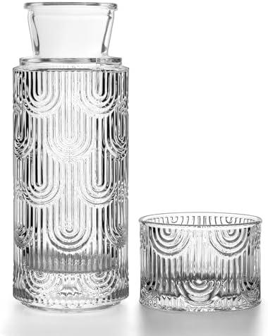 DmmyAlzx Bedside Water Carafe and Glass Set, Mouthwash Dispenser for Bathroom, 21.6 Oz Glass Water Bottles with 6 Oz Drinking Cup as Lid, Pitcher for Nightstand, Kitchen (Clear)