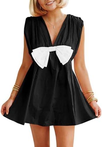 Wenrine Womens Summer Sleeveless Mini Dress Casual V Neck Bowknot Loose Babydoll Beach Dresses S