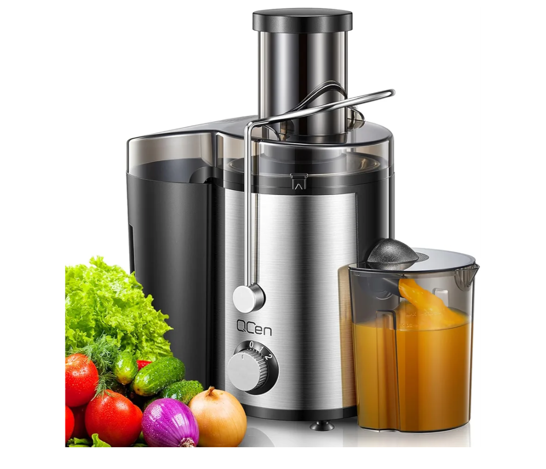 Qcen Juicer Machine, 800W Centrifugal Juicer Extractor with Wide Mouth 3” Feed Chute for Fruit Vegetable, Easy to Clean, Stainless Steel, BPA-free (Black)