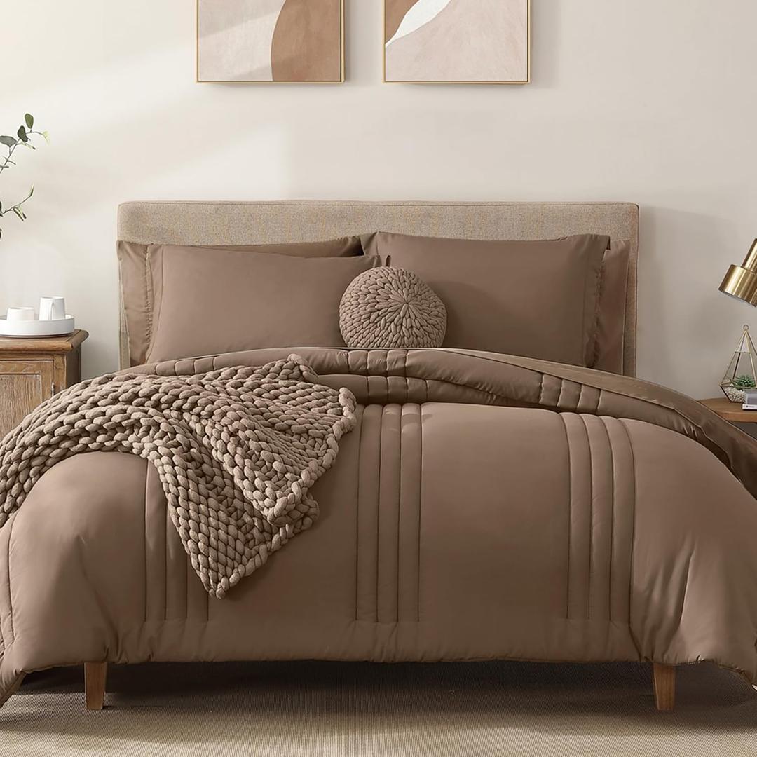 Monbix Queen Comforter Set - 7 Pieces Raw Umber Bed in a Bag Queen Bedding Sets with Comforters, All Seasons Comforter Bed Set with Sheets, Pillowcases & Shams (Queen(90"X90"))