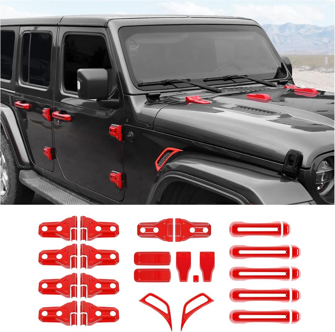 22PCS Full Set Exterior Decoration Trim Kit Fit for 2018-2026 Jeep Wrangler JL JLU 2/4 Doors, Door Hood Engine Hinge Covers Door Handle Side Vent Tailgate Window Hinge Cover (Red)