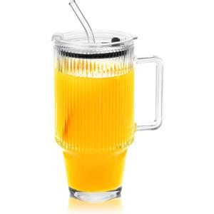 24oz Ribbed Glass Cups with Lids and Straws Handle Thick Leak Proof Drinking Glasses Tumbler for Gift Cold Drink Smoothie Boba Tea(Ribbed with Thick Plastic Lid)