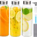 Zukro Glass Water Bottles with Lids 24 oz, 3 Pack Reusable Juice Bottles With Stainless Steel Airtight Cap for Juicing, Leak Proof Clear Drinking Jar Beverage storage container for Fridge, BPA Free