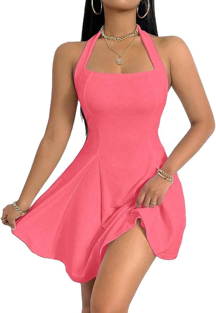 Narecte Womens Summer Dress Halter Neck Casual Dresses for Women Sexy Dress Backless A-line Mini Cute Dresses Pink XL (Pink, XL)