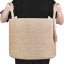 Mkono Woven Storage Basket Decorative Natural Rope Basket Wooden Bead Decoration for Blankets,Toys,Clothes,Shoes,Plant Organizer Bin with Handles Living Room Home Decor, Jute, 16" W 13.8"L