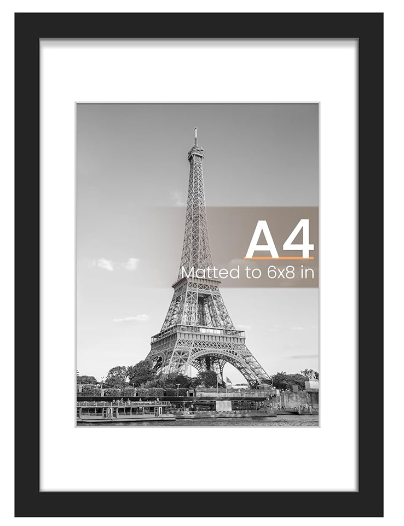 upsimples A4 Picture Frame, Display Pictures 6x8 with Mat or 8.3 x 11.7 Without, Wall Hanging Photo Frames, Black, 1 Pack