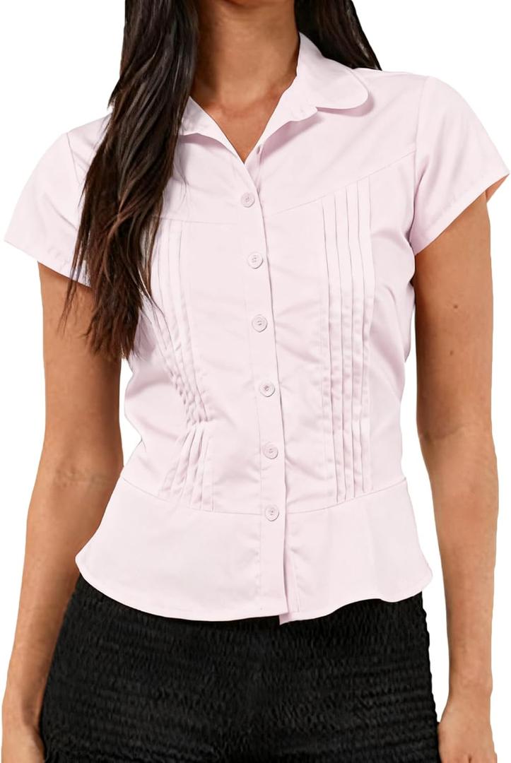 Women Y2k Button Down Blouse Short Sleeve V Neck Collared Cropped Ruffle Shirt Tops Slim Fit Coquette Going Out Tops, Small