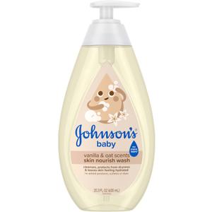 Johnson's Skin Nourishing Moisture Baby Wash, Vanilla & Oat Scents, Tear-Free, Hypoallergenic Baby Body Wash Cleanses, Protects from Dryness, & Leaves Skin Feeling Hydrated, 20.3 fl. oz
