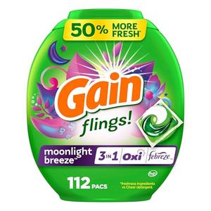 Gain flings Laundry Detergent Soap Pacs HE Compatible 112 ct Long Lasting Scent Moonlight Breeze (4pack)