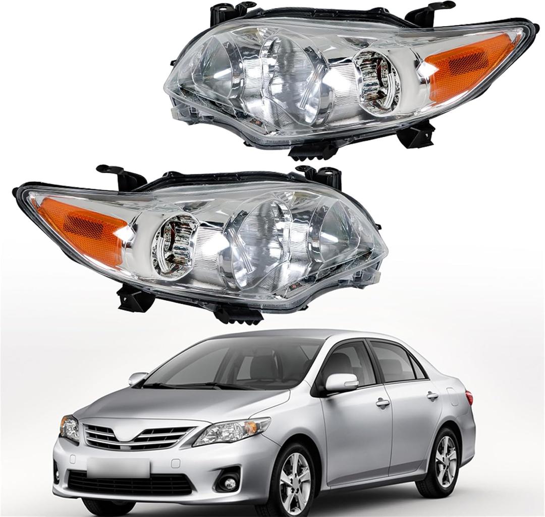 Replacement for Toyota Corolla 2011-2013 Headlight Assembly Halogen Chrome Left and Right Side Pair
