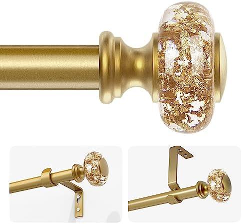 Gold Curtain Rods for Windows 32-72 Inch: 1 Inch Adjustable Acrylic Drapery Rod with Translucent Gold Foil Finials- Single Decorative Curtain Rod for Bedroom & Bathroom  
